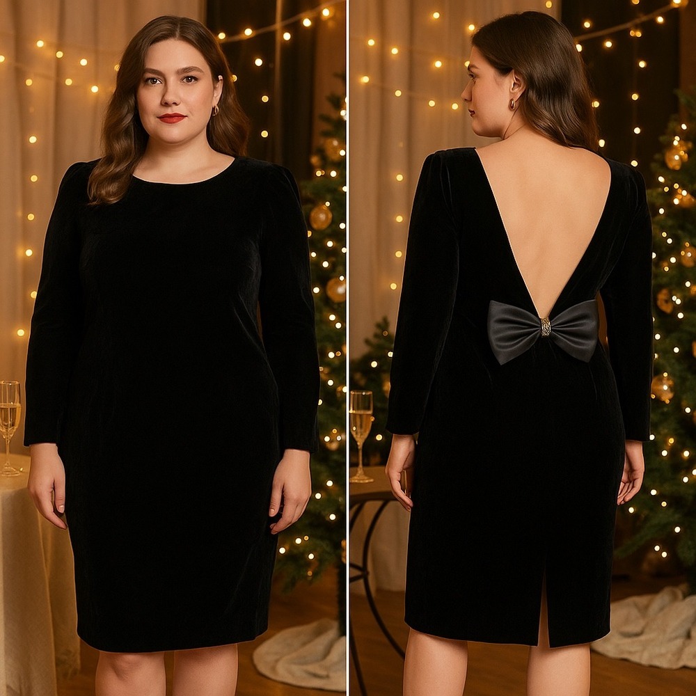 Renditions A-Line Dress Vintage 14 Black Velvet‎ Rayon Ribbon Backless Big Bow